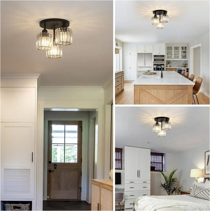 Crystal Semi Flush Mount Ceiling Light 3-Light Black Kitchen Light Fixtures with Clear Crystal Shade - okeli lights