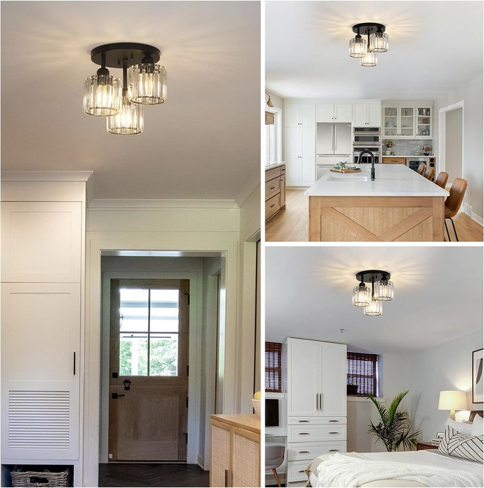 Crystal Semi Flush Mount Ceiling Light 3-Light Black Kitchen Light Fixtures with Clear Crystal Shade