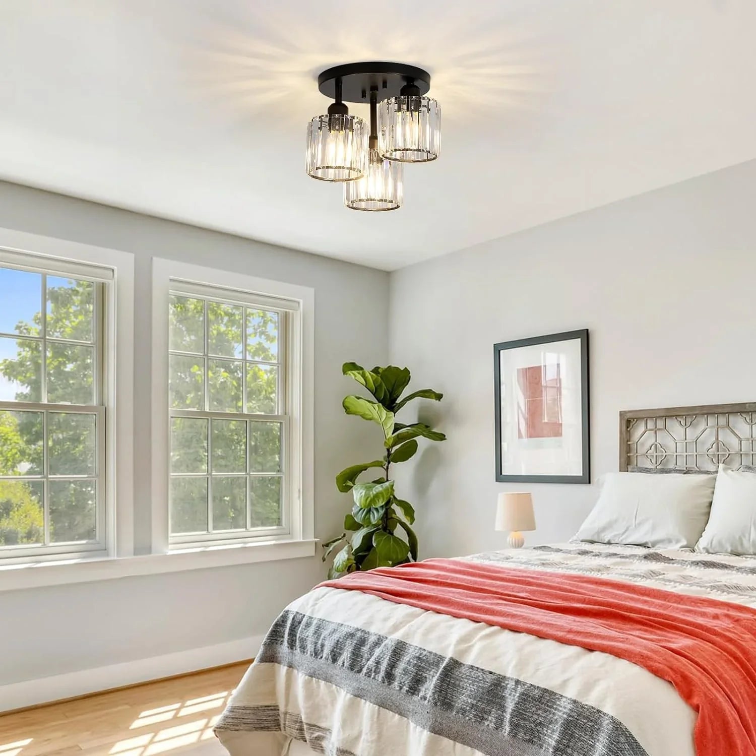 Crystal Semi Flush Mount Ceiling Light 3-Light Black Kitchen Light Fixtures with Clear Crystal Shade - okeli lights