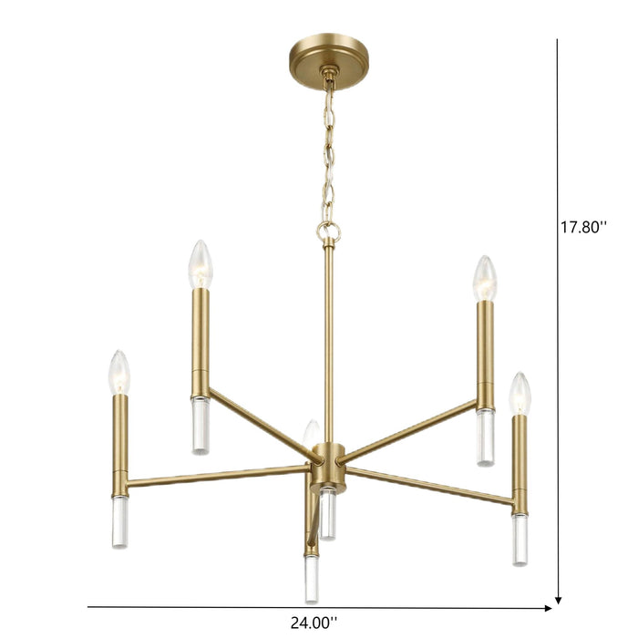 Gold chandelier with dimensions on a white background