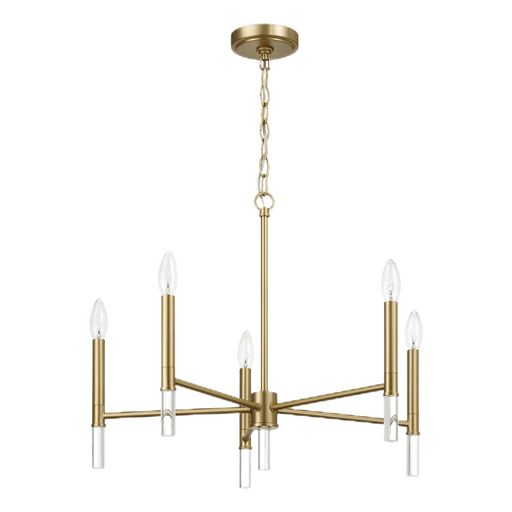 Gold chandelier with six candle-style lights on a white background