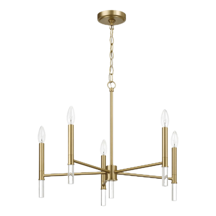 Gold chandelier with six candle-style lights on a white background