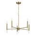 Gold chandelier with six candle-style lights on a white background