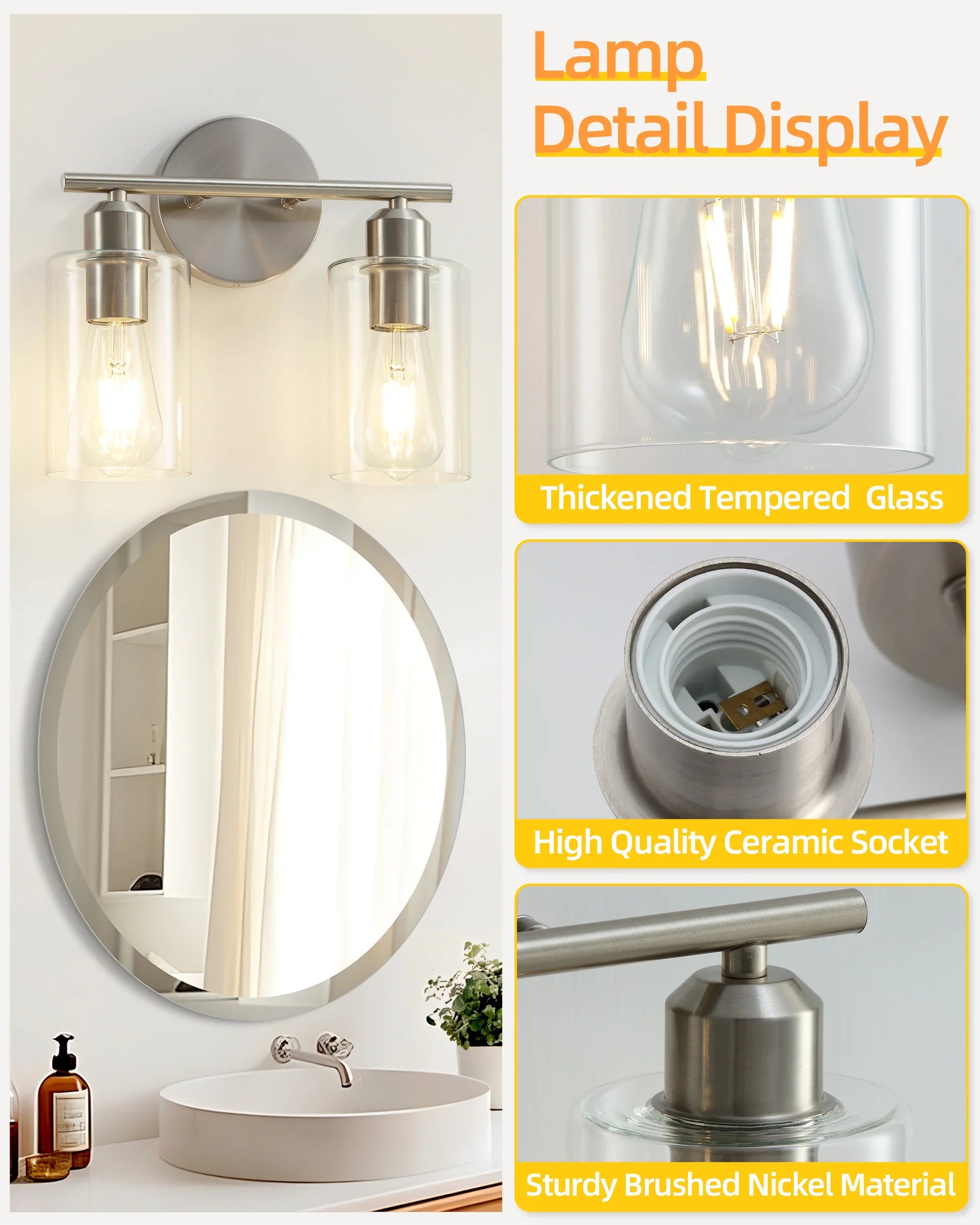 Brushed Nickel 2-Light Bathroom Vanity Light Fixture with Clear Glass Shade Silver E26 Base UL Listed - okeli lights