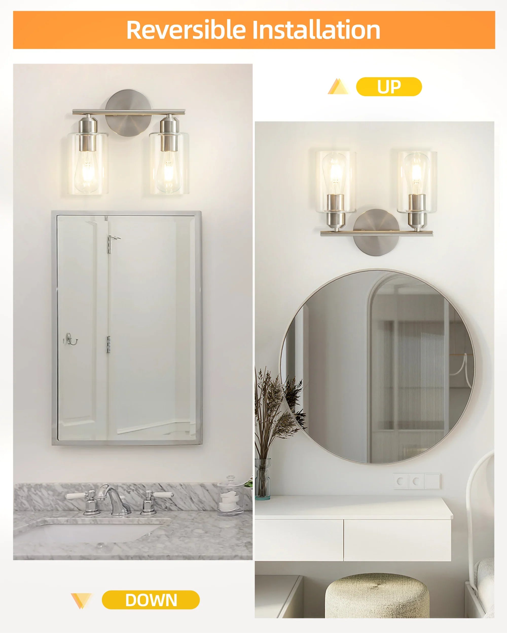Brushed Nickel 2-Light Bathroom Vanity Light Fixture with Clear Glass Shade Silver E26 Base UL Listed - okeli lights