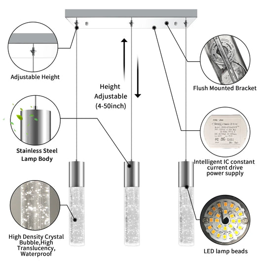 Dimmable LED Pendant Light Modern 3-Light Bubble Crystal 6000K 18W 1350LM Electro-Chrome Square - okeli lights