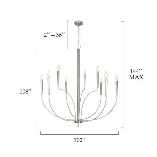 Chandelier with dimensions labeled on a white background