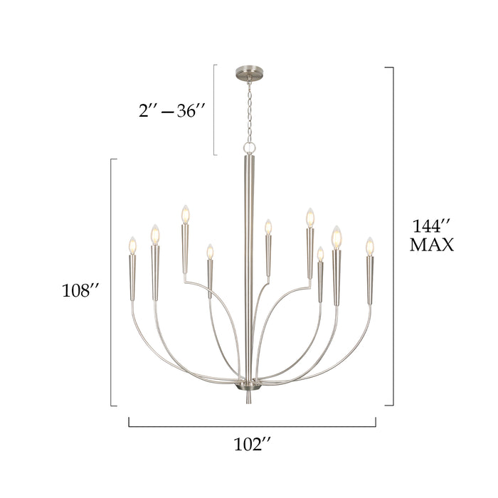 Chandelier with dimensions labeled on a white background