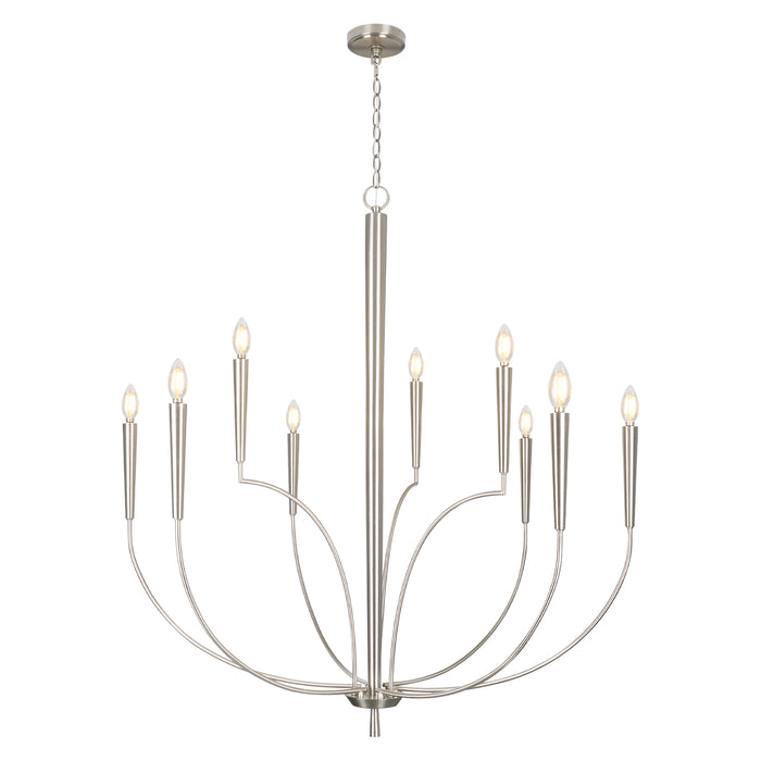 Chandelier with multiple arms and lit candles on a white background