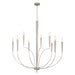 Chandelier with multiple arms and lit candles on a white background