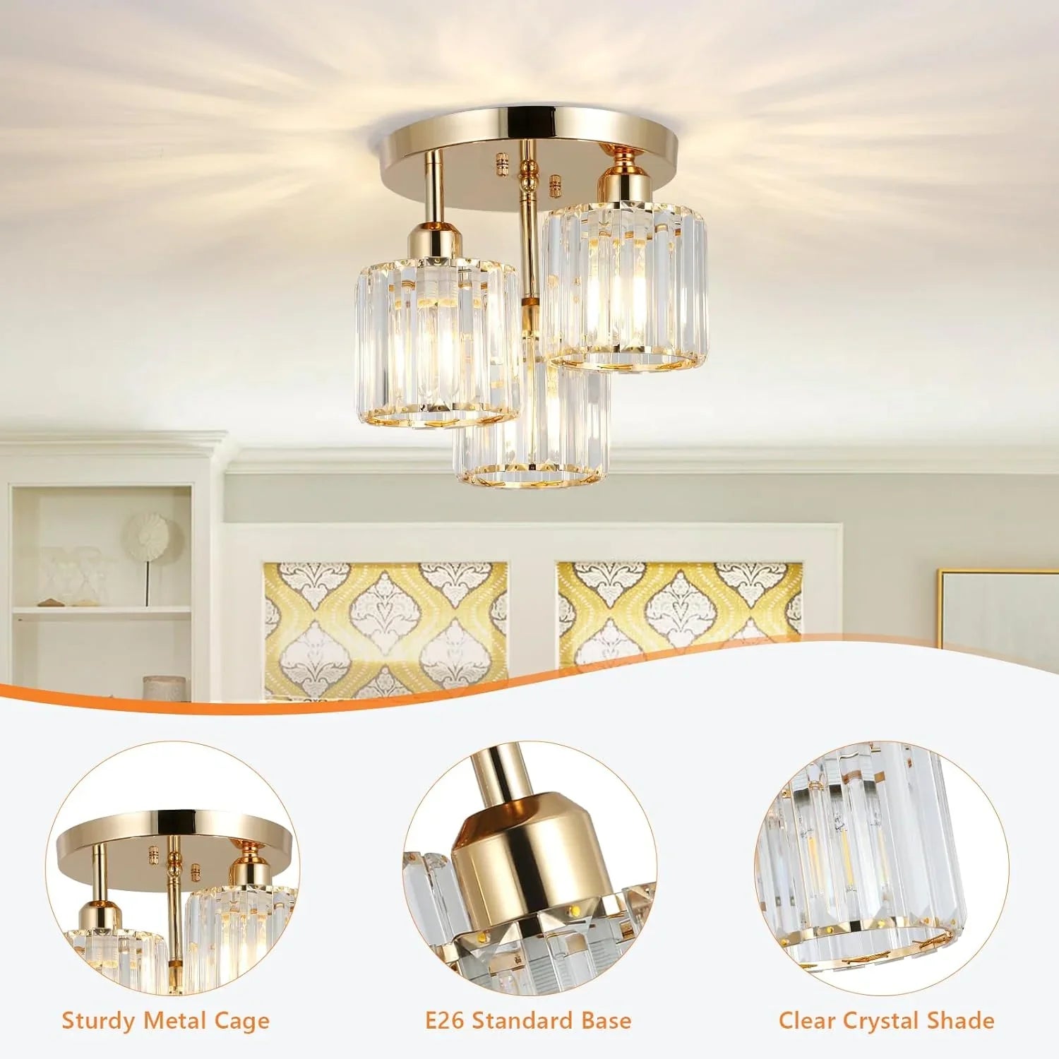 Semi Flush Mount Ceiling Light 3-Light Crystal Close to Ceiling Light Fixtures Golden - okeli lights
