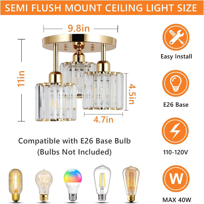 Semi Flush Mount Ceiling Light 3-Light Crystal Close to Ceiling Light Fixtures Golden