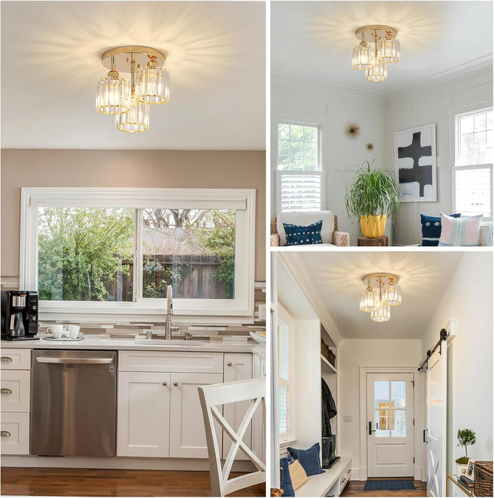 Semi Flush Mount Ceiling Light 3-Light Crystal Close to Ceiling Light Fixtures Golden