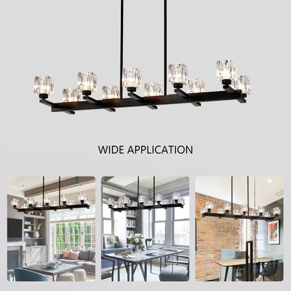 Chandelier for Dining Room, 10-Light Black Farmhouse Linear Pendant Light Fixture, Modern Crystal Hanging Lighting - okeli lights