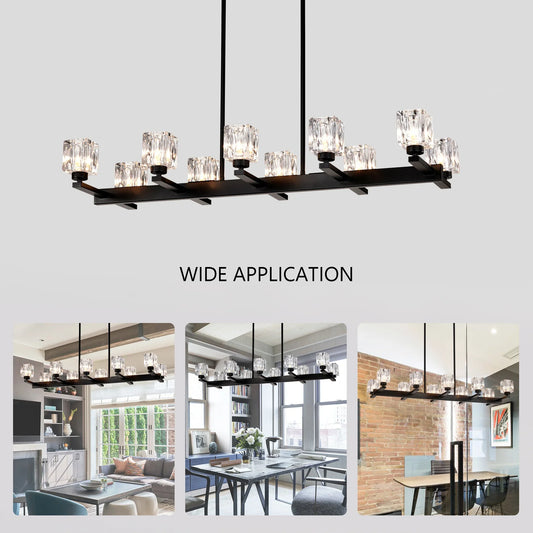 Chandelier for Dining Room, 10-Light Black Farmhouse Linear Pendant Light Fixture, Modern Crystal Hanging Lighting - okeli lights