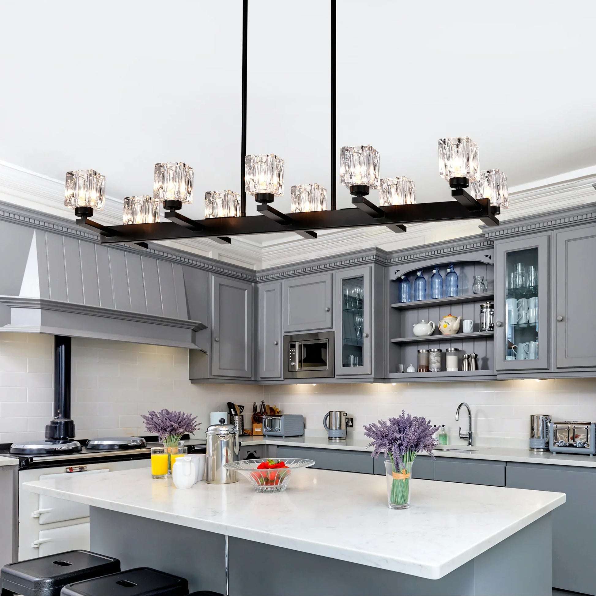 Chandelier for Dining Room, 10-Light Black Farmhouse Linear Pendant Light Fixture, Modern Crystal Hanging Lighting - okeli lights