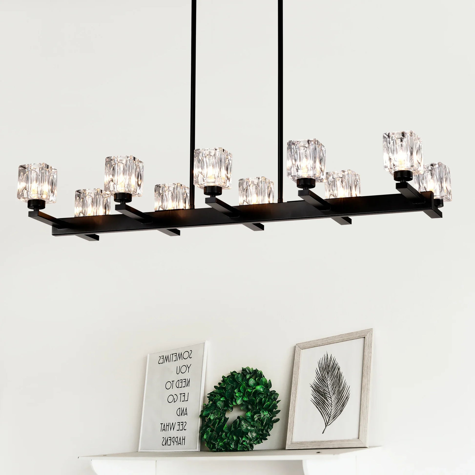 Chandelier for Dining Room, 10-Light Black Farmhouse Linear Pendant Light Fixture, Modern Crystal Hanging Lighting - okeli lights