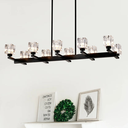 Chandelier for Dining Room, 10-Light Black Farmhouse Linear Pendant Light Fixture, Modern Crystal Hanging Lighting - okeli lights