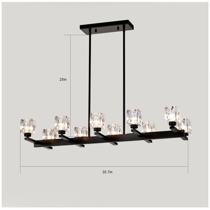 Chandelier for Dining Room, 10-Light Black Farmhouse Linear Pendant Light Fixture, Modern Crystal Hanging Lighting - okeli lights
