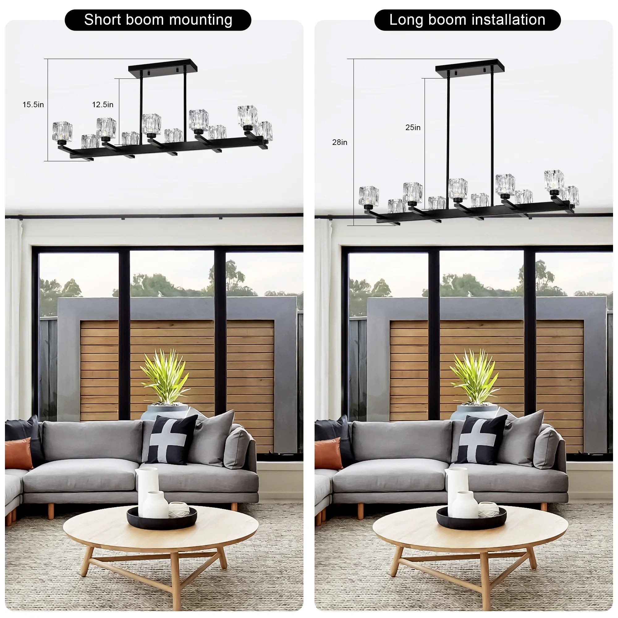 Chandelier for Dining Room, 10-Light Black Farmhouse Linear Pendant Light Fixture, Modern Crystal Hanging Lighting - okeli lights