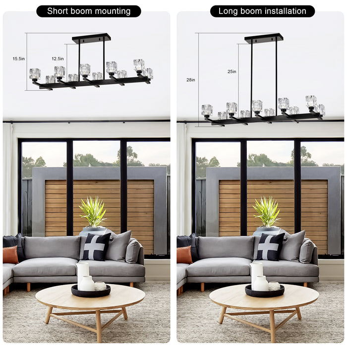 Chandelier for Dining Room, 10-Light Black Farmhouse Linear Pendant Light Fixture, Modern Crystal Hanging Lighting