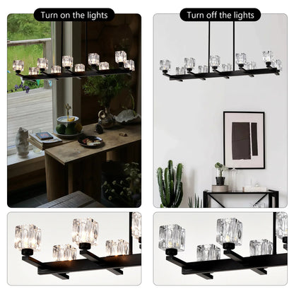 Chandelier for Dining Room, 10-Light Black Farmhouse Linear Pendant Light Fixture, Modern Crystal Hanging Lighting - okeli lights