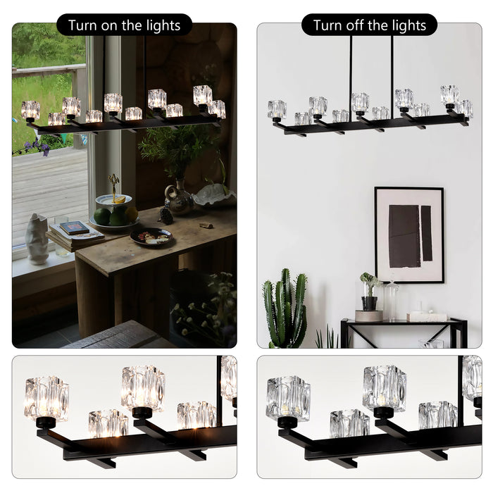 Chandelier for Dining Room, 10-Light Black Farmhouse Linear Pendant Light Fixture, Modern Crystal Hanging Lighting