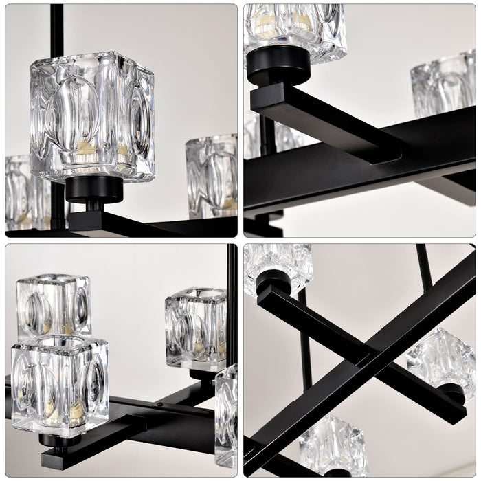 Chandelier for Dining Room, 10-Light Black Farmhouse Linear Pendant Light Fixture, Modern Crystal Hanging Lighting