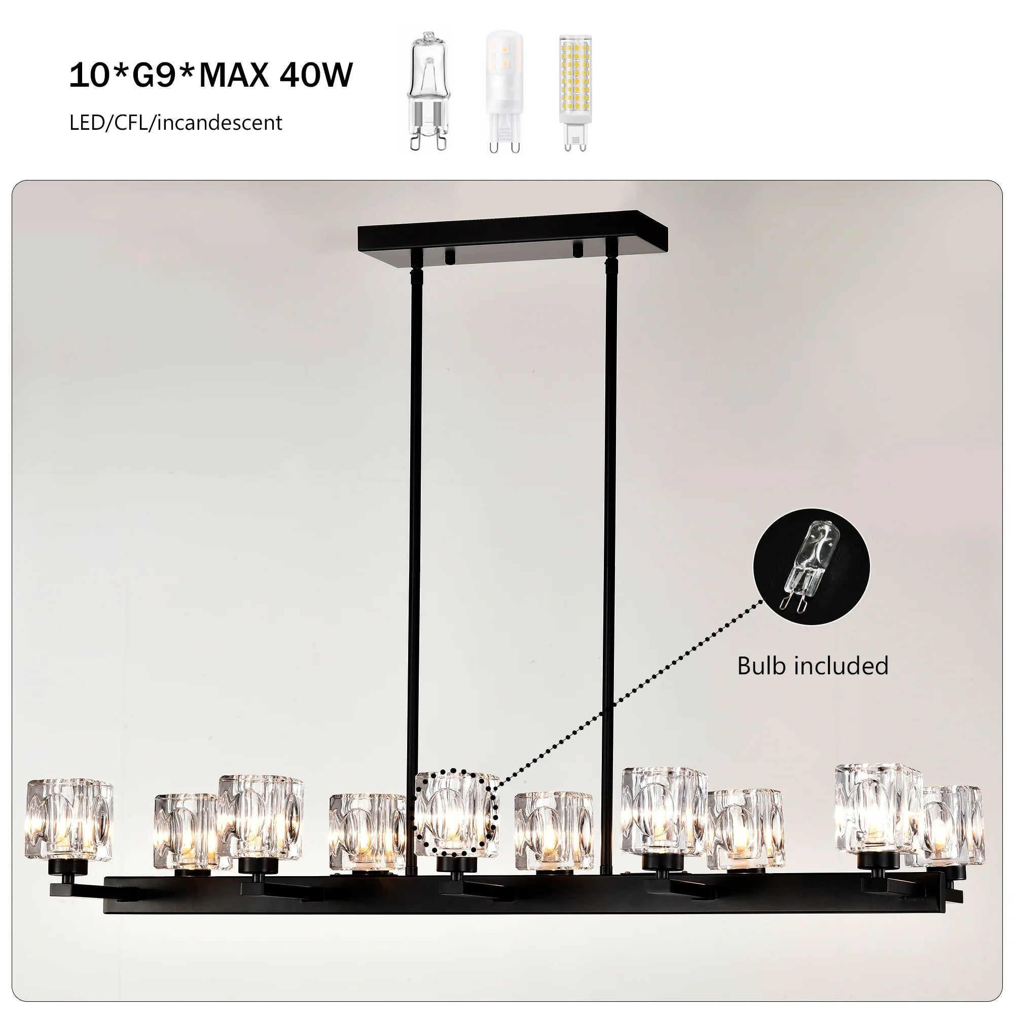 Chandelier for Dining Room, 10-Light Black Farmhouse Linear Pendant Light Fixture, Modern Crystal Hanging Lighting - okeli lights