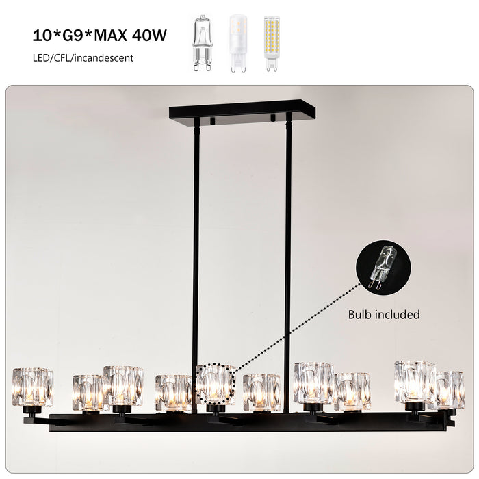 Chandelier for Dining Room, 10-Light Black Farmhouse Linear Pendant Light Fixture, Modern Crystal Hanging Lighting