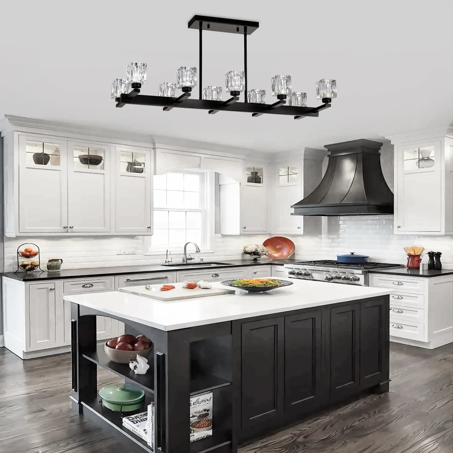 Chandelier for Dining Room, 10-Light Black Farmhouse Linear Pendant Light Fixture, Modern Crystal Hanging Lighting - okeli lights