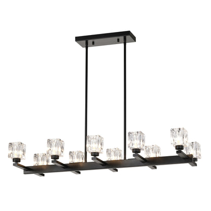 Modern black chandelier with crystal-like glass shades on a white background