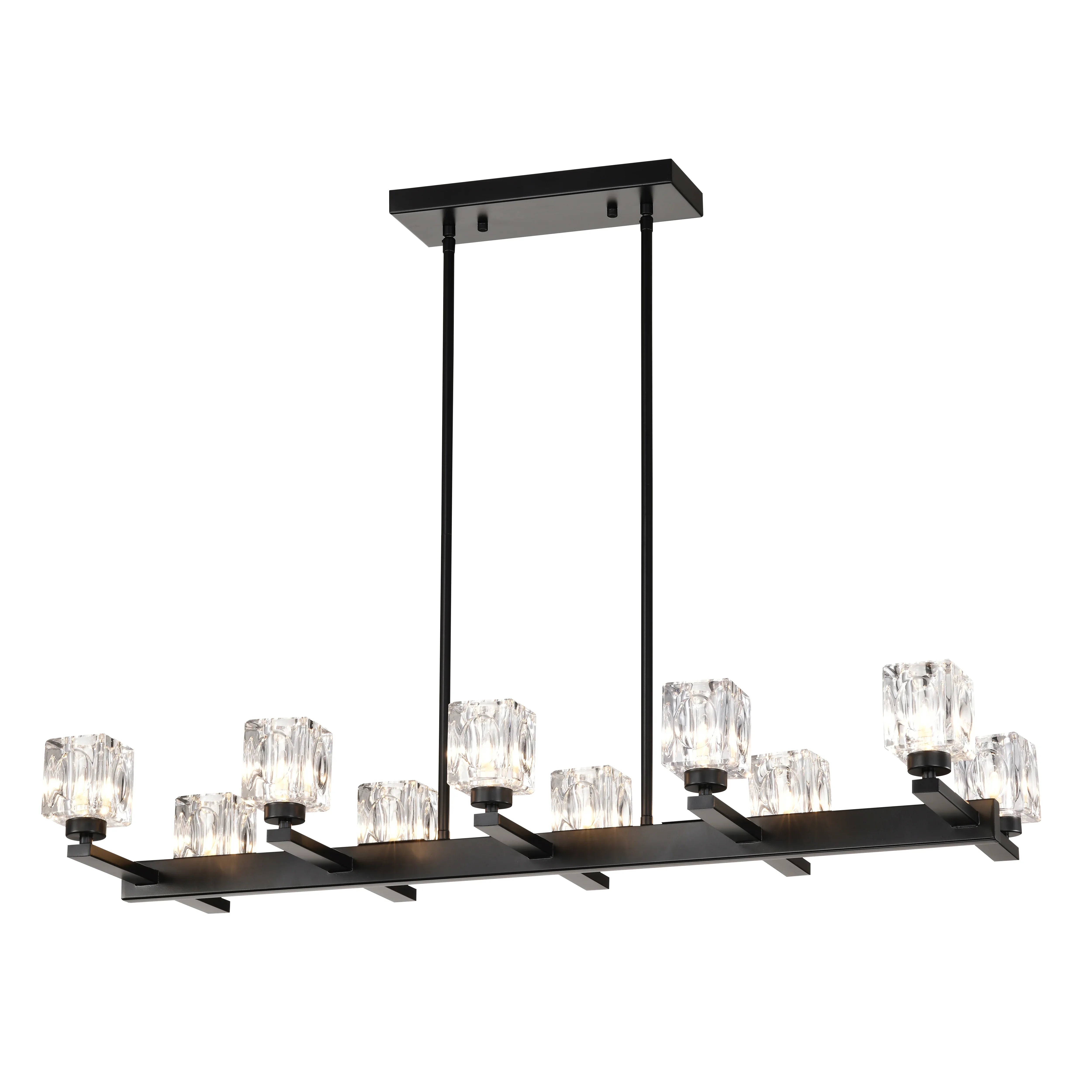 Modern black chandelier with crystal-like glass shades on a white background