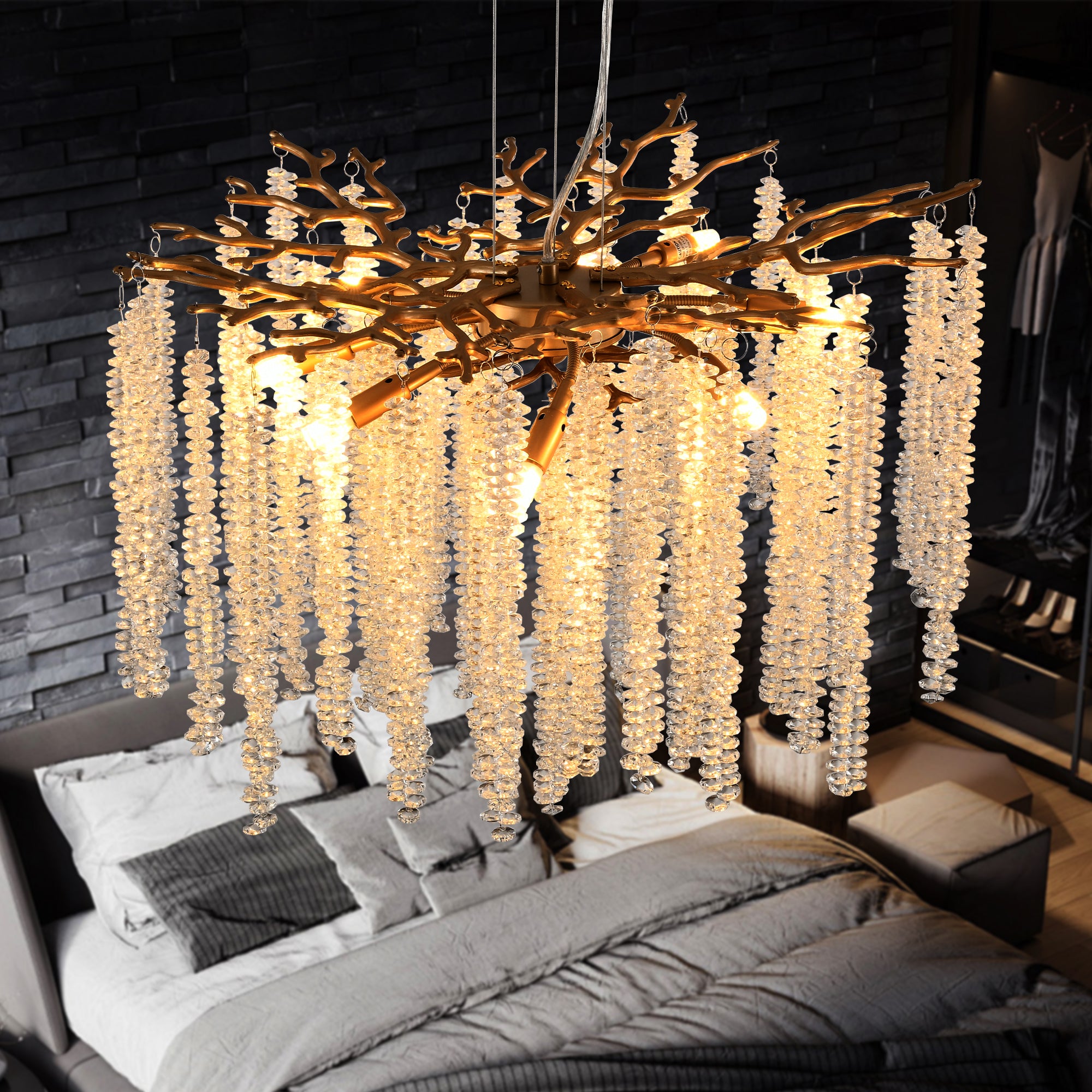 Modern Golden Chandelier with Cascading Crystal Strands High-End Decorative Lighting Fixture 24-39-inch