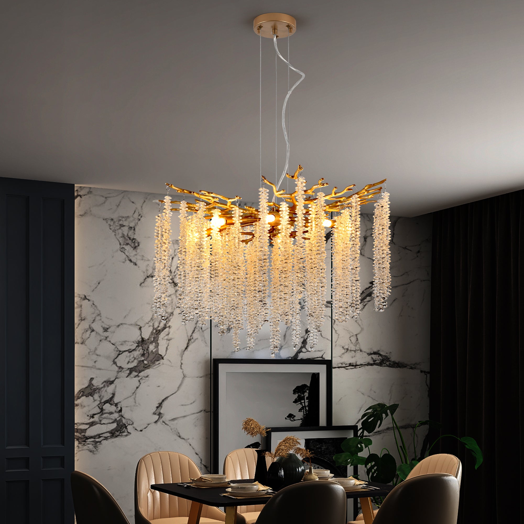 Modern Golden Chandelier with Cascading Crystal Strands High-End Decorative Lighting Fixture 24-39-inch