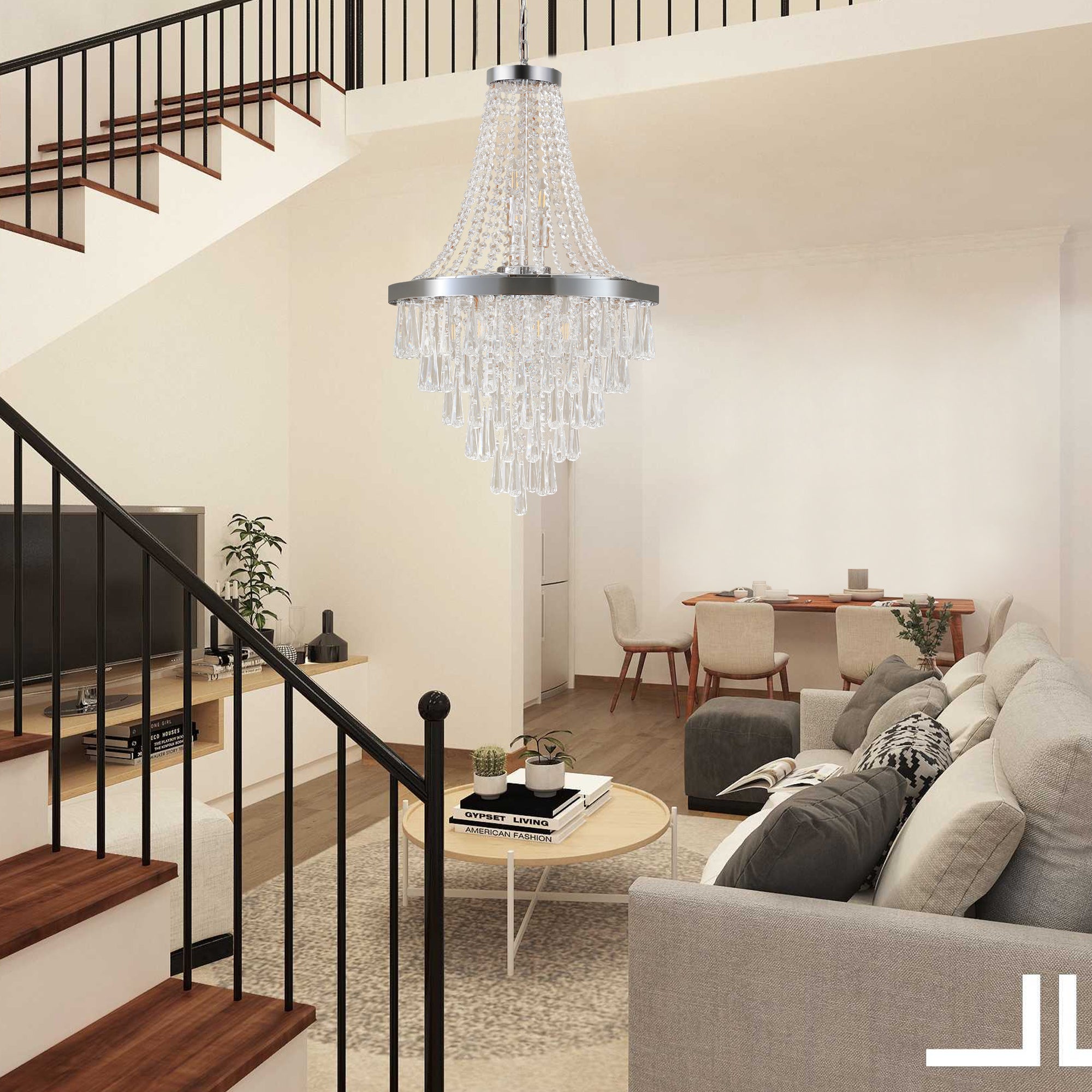 20" Chrome Crystal Chandelier with Adjustable Height Modern Ceiling Light Fixture