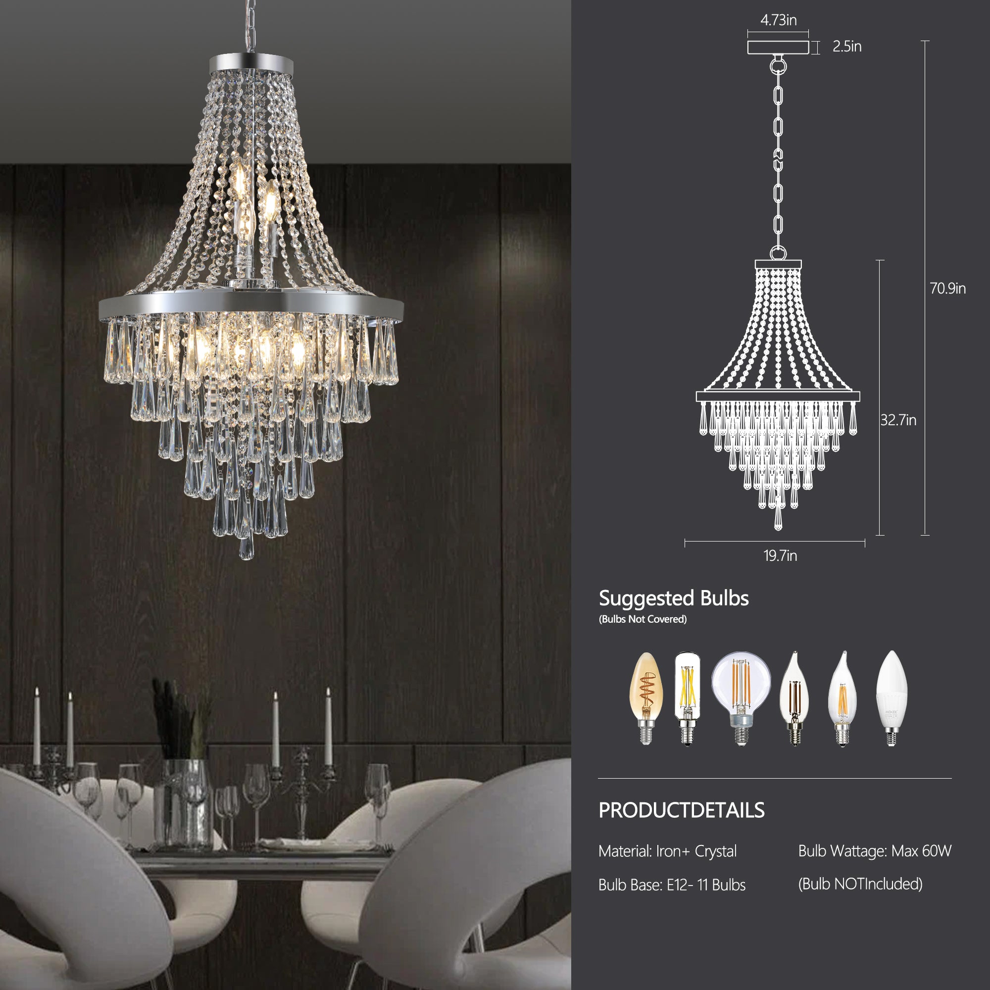 20" Chrome Crystal Chandelier with Adjustable Height Modern Ceiling Light Fixture