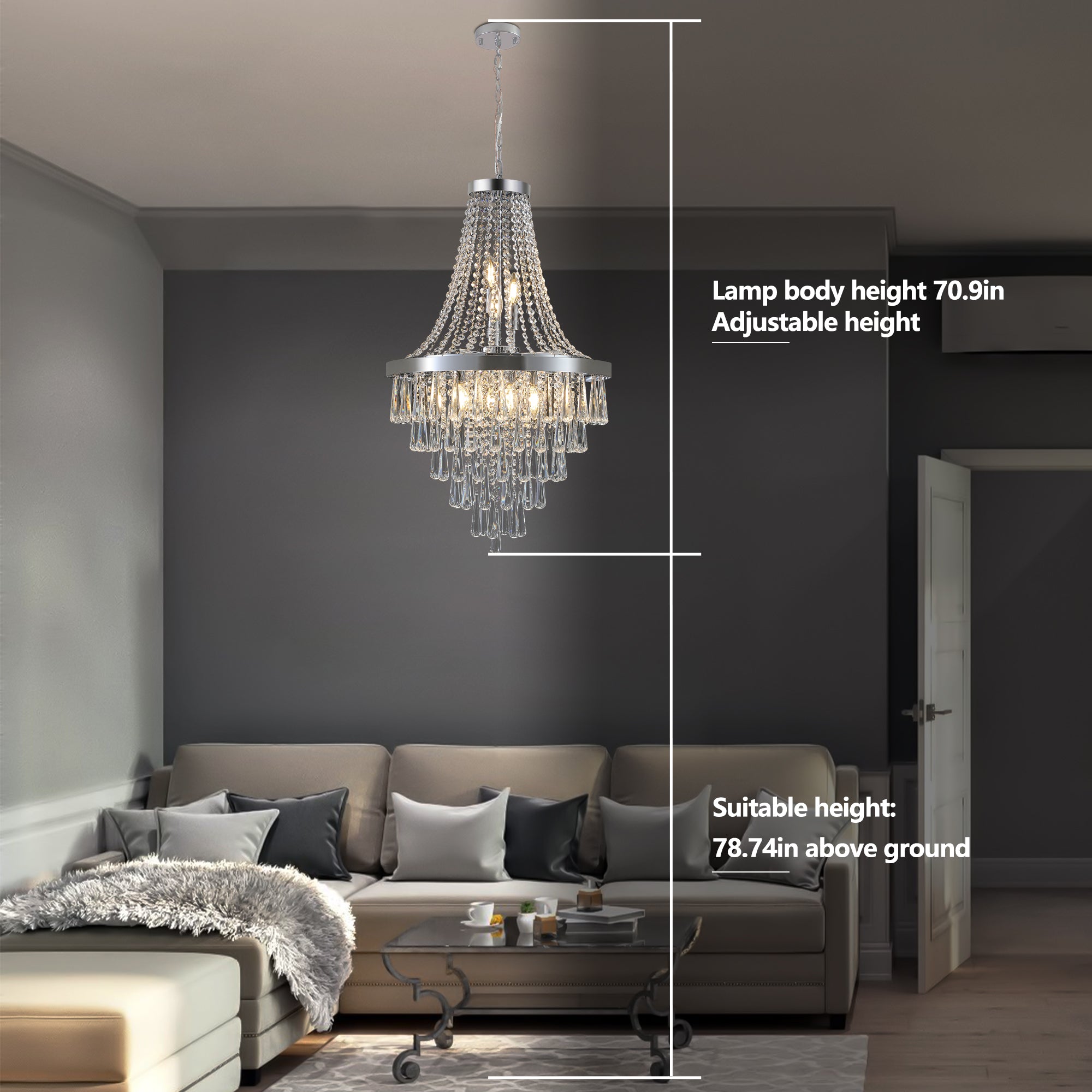 20" Chrome Crystal Chandelier with Adjustable Height Modern Ceiling Light Fixture