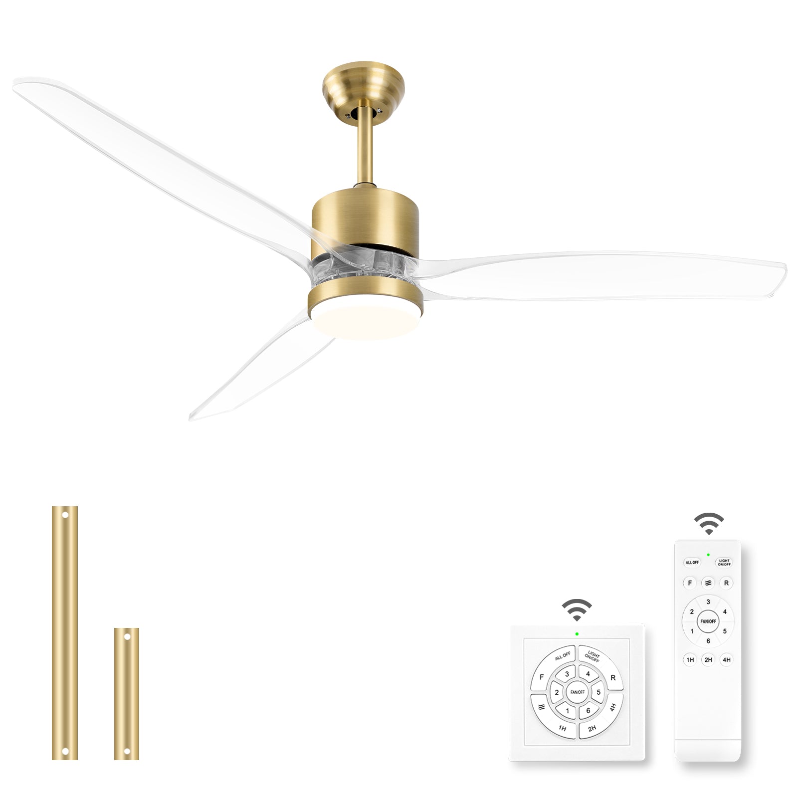 OKELI Clear Fan Blades Ceiling Fan with Light, 52 Inch Brushed Nickel Gold Black Transparent Ceiling Fans 3 Reversible Blade
