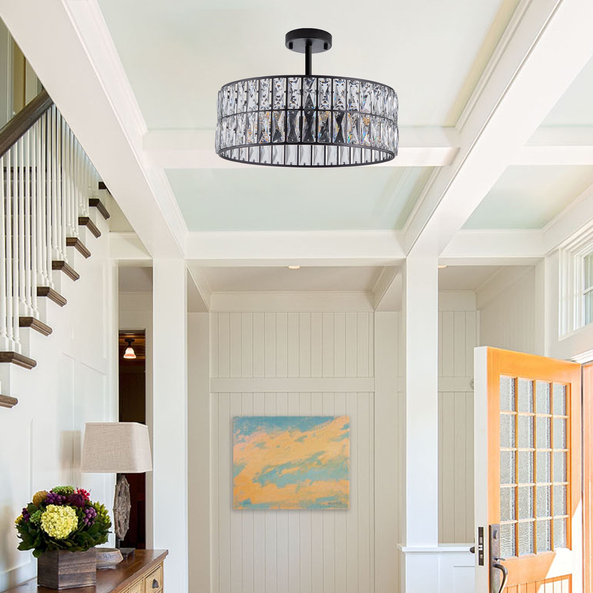 Modern Crystal Drum Chandelier Fixture with Metal Frame Large Contemporary Luxury Ceiling Lighting