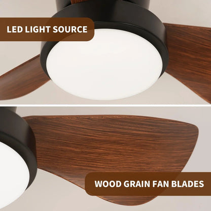 Small Ceiling Fan with Light and Remote Control LED Flush Mount, Wood Grain - okeli lights
