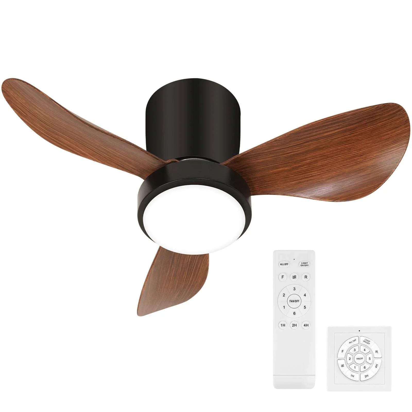 Small Ceiling Fan with Light and Remote Control LED Flush Mount, Wood Grain - okeli lights