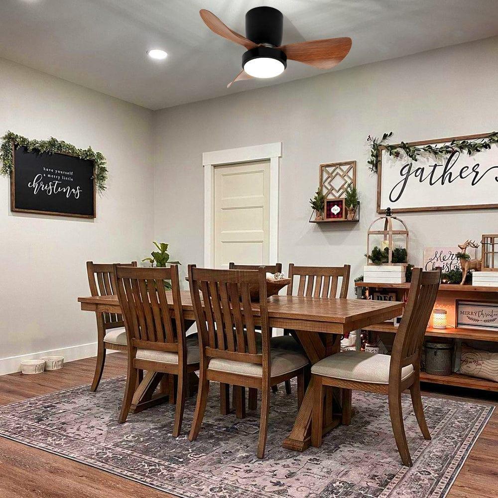 Small Ceiling Fan with Light and Remote Control LED Flush Mount, Wood Grain - okeli lights