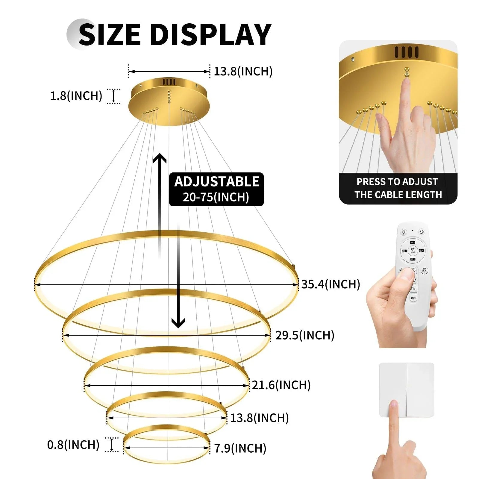 OKELI Modern LED 5 Rings Gold Large Chandelier, Dimmable High Ceiling Foyer Chandelier Light Fixtures - okeli lights