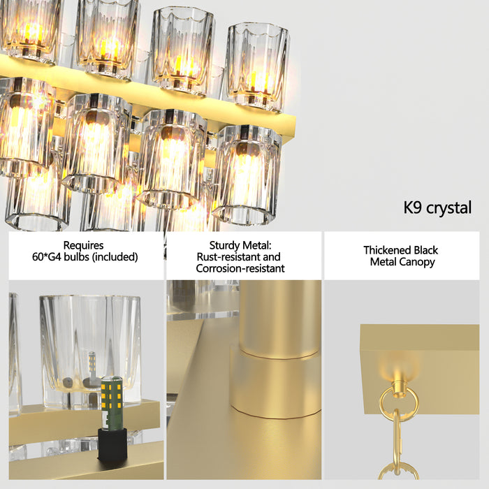 Crystal Brass Rectangle Chandeliers for Dining Room Gold Farmhouse Includes 60XG4 Bulbs