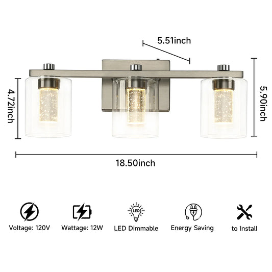 Crystal Brushed Nickel Bathroom Lighting Fixtures 3-Light Over Mirror with Glass Shade 3000-6000K LED Dimmable Wall Lamp - okeli lights