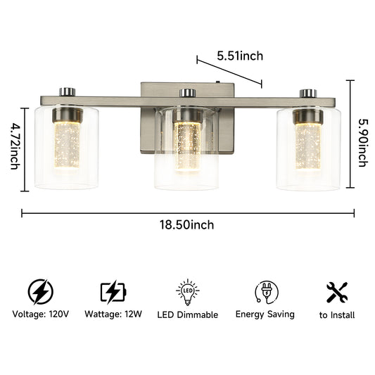 3-Light Bathroom Light Fixtures Crystal Brushed Nickel Over Mirror LED Vanity Lights Dimmable Wall Lamp - okeli lights