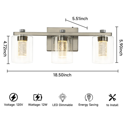 3-Light Bathroom Light Fixtures Crystal Brushed Nickel Over Mirror LED Vanity Lights Dimmable Wall Lamp - okeli lights