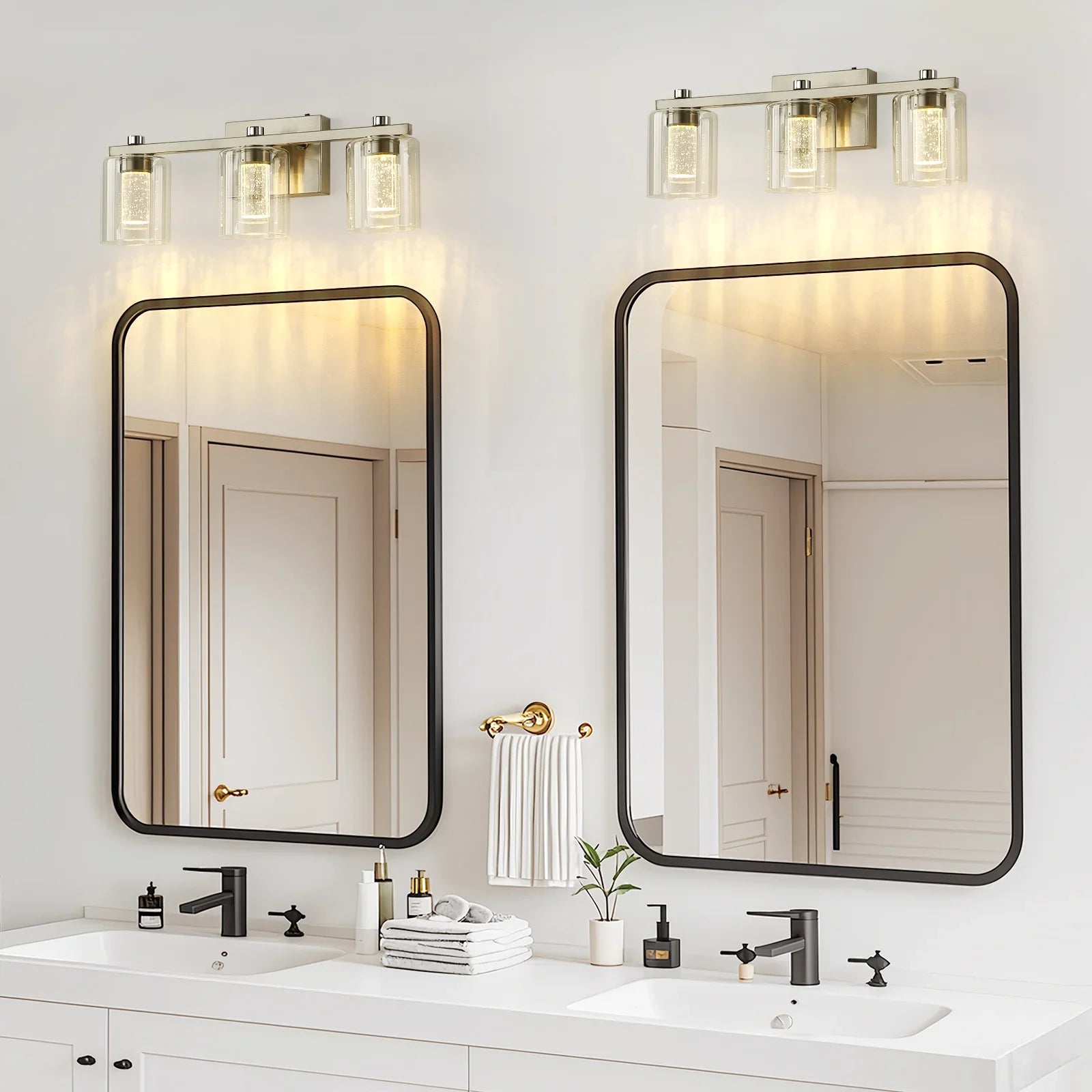 Crystal Brushed Nickel Bathroom Lighting Fixtures 3-Light Over Mirror with Glass Shade 3000-6000K LED Dimmable Wall Lamp - okeli lights