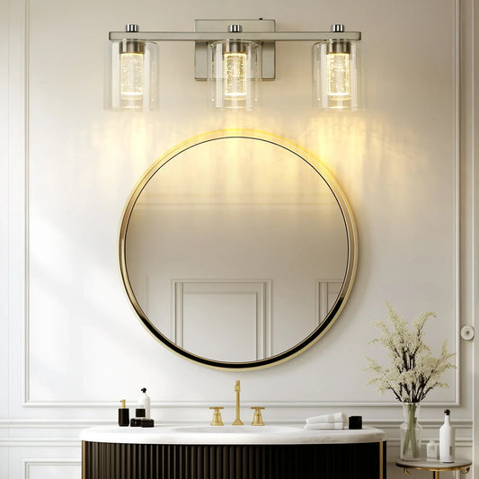 Crystal Brushed Nickel Bathroom Lighting Fixtures 3-Light Over Mirror with Glass Shade 3000-6000K LED Dimmable Wall Lamp - okeli lights